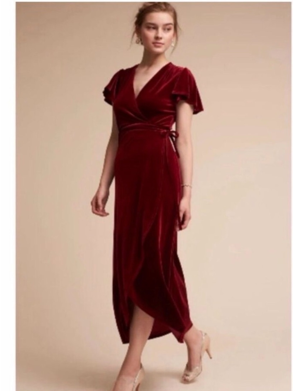 BHLDN Burgundy Velvet Midi Wrap Dress